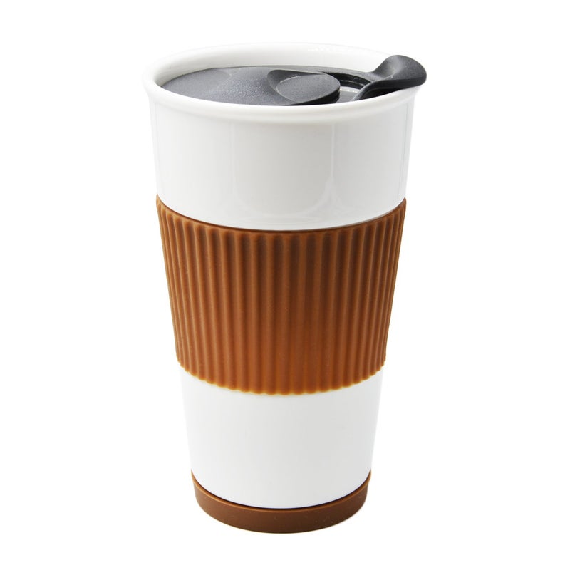 UDMG Ceramic Double Wall Insulated Travel Coffee Cup with Slider Lid, Silicone Sleeve & Built-In Coaster, 10 fl.oz (Coffee) - Image 1